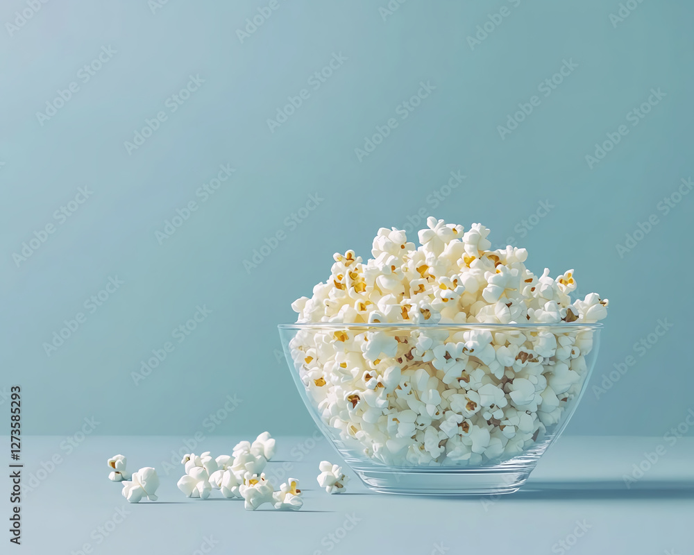 Freshly popped popcorn in a glass bowl on a soft blue background. Freshly popped popcorn in a glass bowl on a soft blue background.