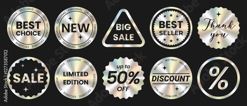 Set of foil sticker template, label, mockup with metallic holographic effect. Shiny rainbow emblem Limited Edition, New, 50% off, Best Offer, seller, discount, big sale. Vector illustration EPS10