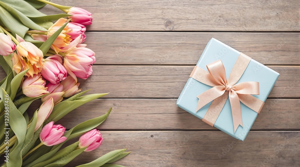 Pink Tulips and Gift Box on a Rustic Wooden Background, generator AI Pink Tulips and Gift Box on a Rustic Wooden Background, generator AI