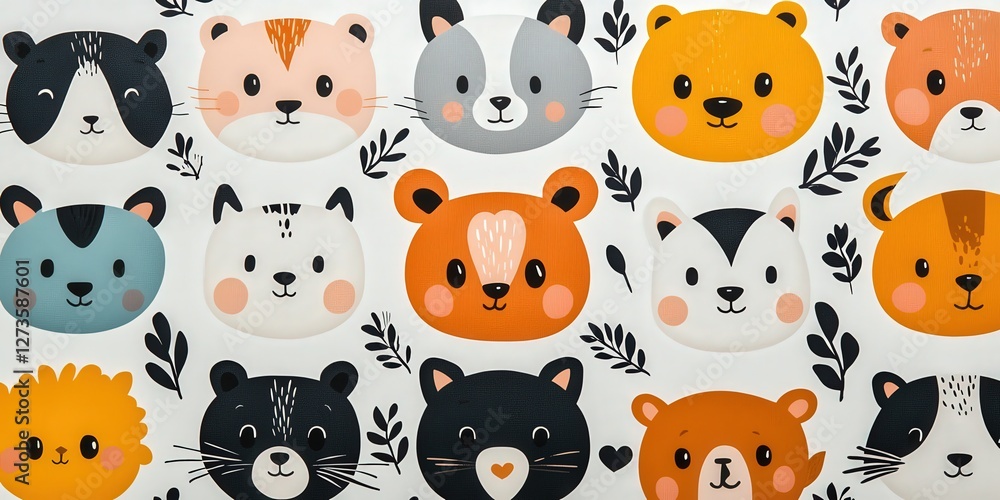 Fototapeta premium Symmetrically arranged animal faces, each uniquely designed, set against a pristine white backdrop, offering intricate detail up close