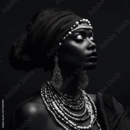 An image of a dark-skinned woman wearing white pearl beads on a dark background. photo