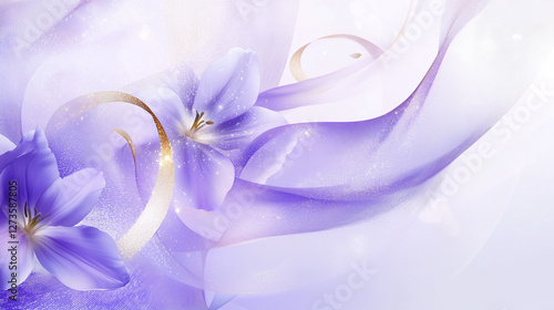 vibrant purple and white color scheme blending soft gradients, elegant floral patterns of violets and tulips overlaying geometric shapes, flowing ribbons, background