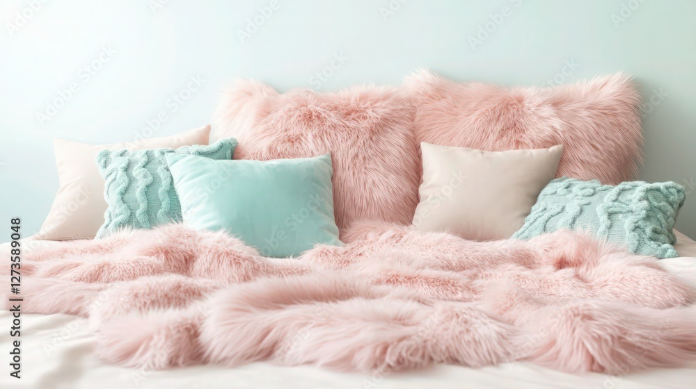 A pink fluffy fur plaid laid out on a neutral cream bedding ensemble, surrounded by pale turquoise decorative pillows. A soft gradient wall background transitions from white to light turquoise. A pink fluffy fur plaid laid out on a neutral cream bedding ensemble, surrounded by pale turquoise decorative pillows. A soft gradient wall background transitions from white to light turquoise.