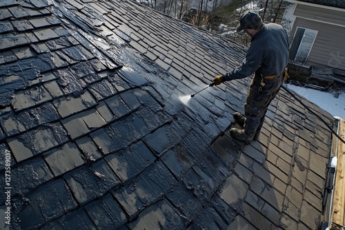 Wallpaper Mural Man cleaning roof with powerful water spray. Torontodigital.ca