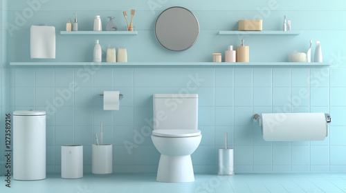 Toilet bowl and seat vector toiletries flush and bathroom ceramic equipment or sanitary toilette in wc closet illustration set of lavatory with toiletware isometric icons isolated on white background photo