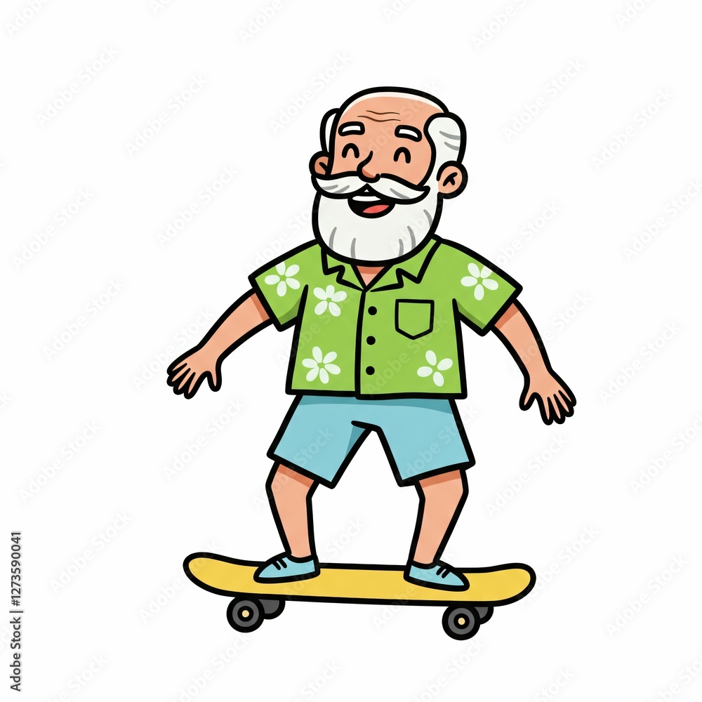 Elderly man skateboarding in a Hawaiian shirt Elderly man skateboarding in a Hawaiian shirt