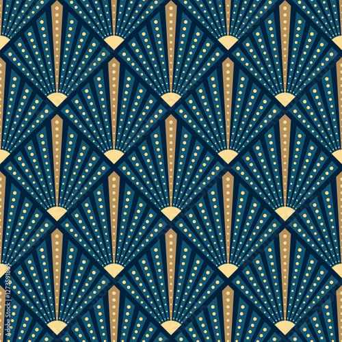 Art deco pattern with symmetrical shapes and dots. Vector illustration of retro art deco design seamless background. Art nouveau print for wallpaper or textile, vintage geometric decoration