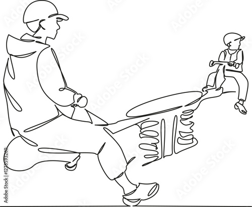 One continuous single drawing line art flat doodle mother, son, swinging, seesaw, outdoors, fun, springs, shaking. Isolated image hand draw contour on a white background, hand drawn, not AI