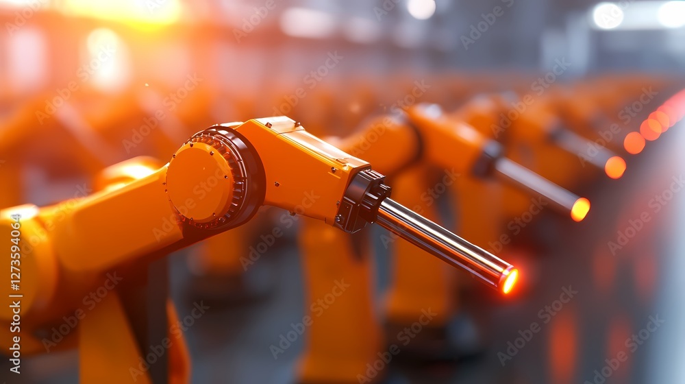 Fototapeta premium A row of industrial robotic arms with orange coloring, equipped with welding tools, highlighting automation in a manufacturing setting.