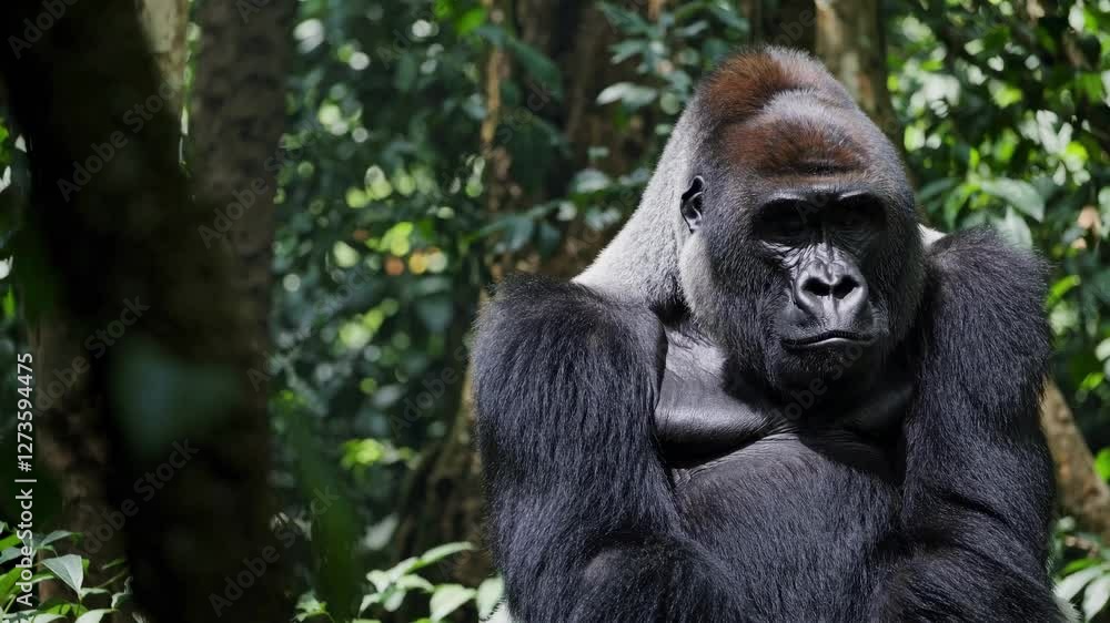 Close-up video of a gorilla in a lush forest, captured from a low angle, highlighting its powerful presence and natural habitat. Close-up video of a gorilla in a lush forest, captured from a low angle, highlighting its powerful presence and natural habitat.