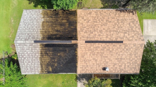 Clean and dirty roof halves comparison from above.