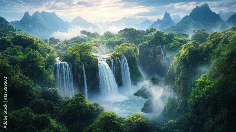 Fototapeta premium Lush green landscape showcases a cascading waterfall and majestic mountains