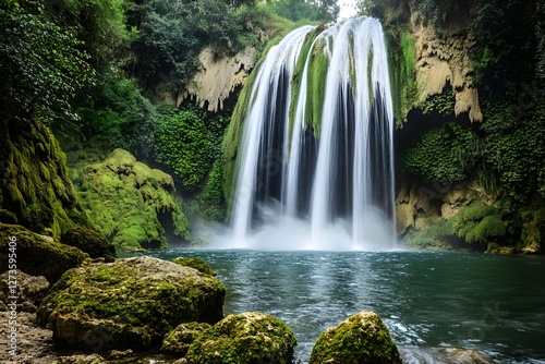 Majestic waterfall, lush green forest, tranquil pool, moss-covered rocks, smooth water flow, serene nature scene, vibrant vegetation, long exposure photography, ethereal atmosphere, hidden oasis.