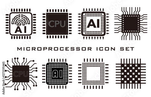 Microprocessors Monochrome Vector Icon Set Isolated On A White Background. 