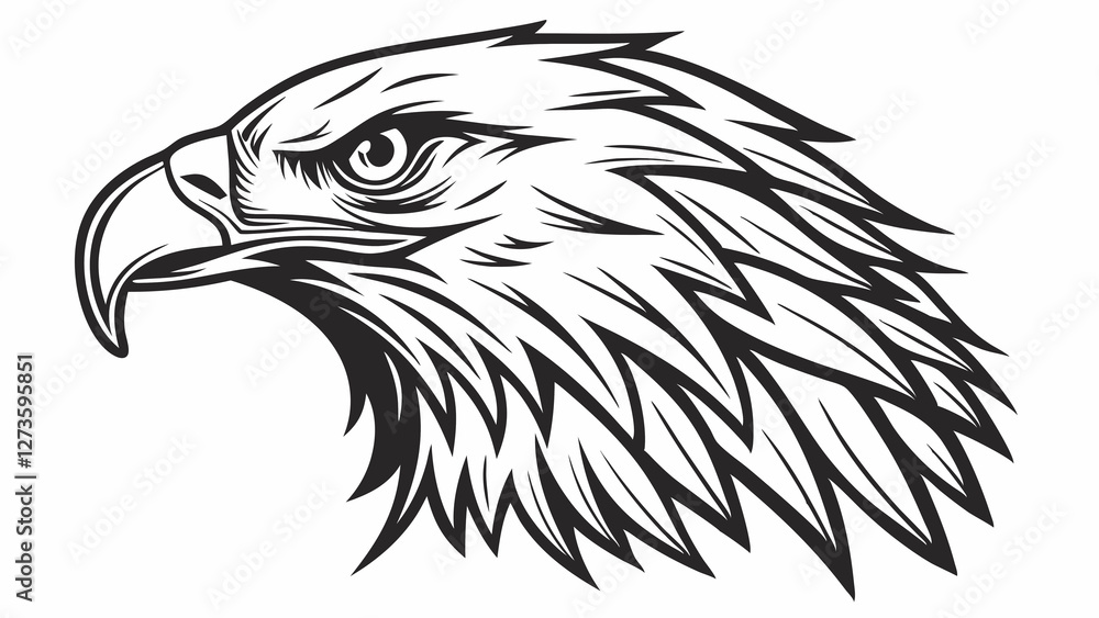 Obraz premium Stylized eagle head drawing with intricate feather details in a tribal tattoo design on white background 
