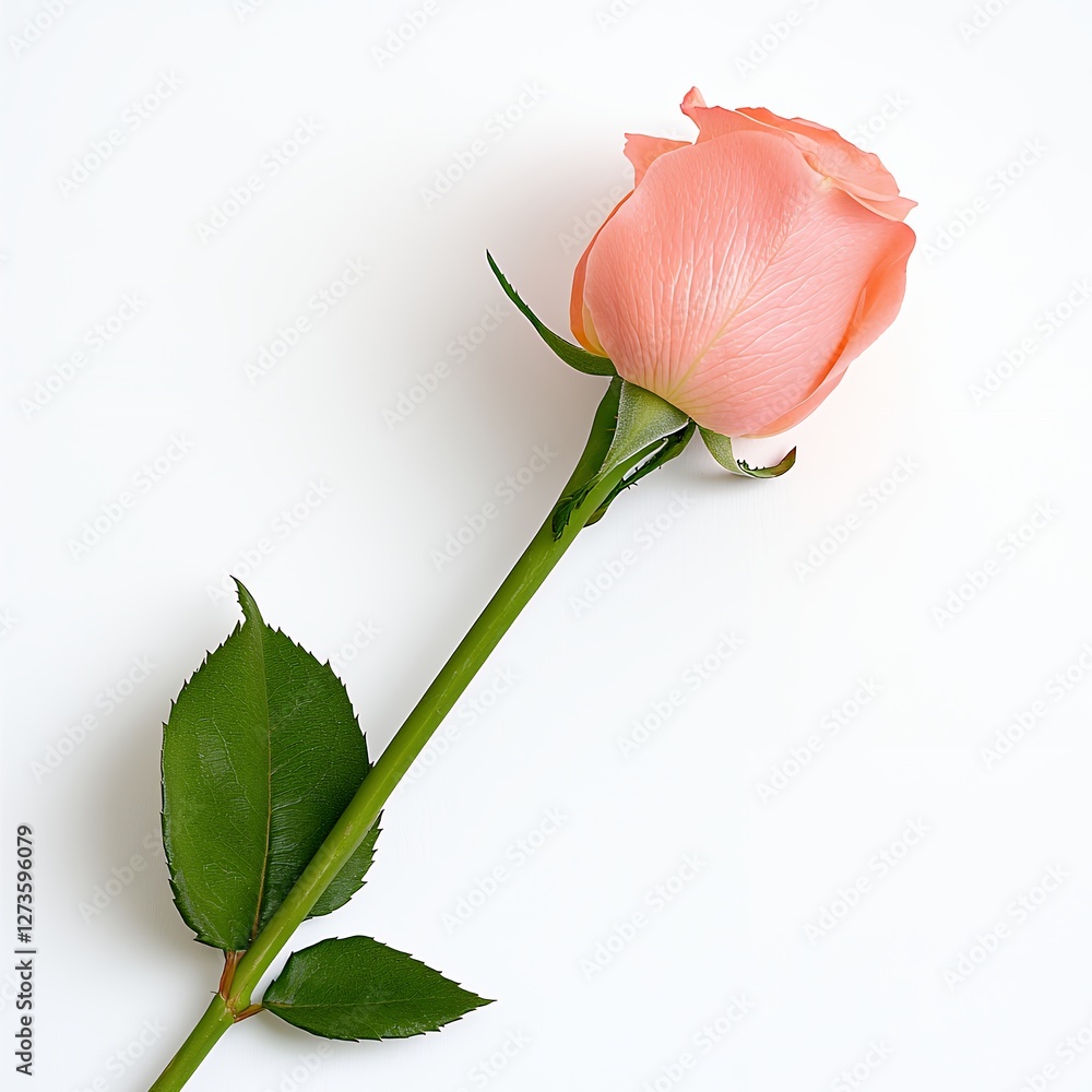 Fototapeta premium Single Delicate Peach Rose with Green Leaves Resting on a White Surface