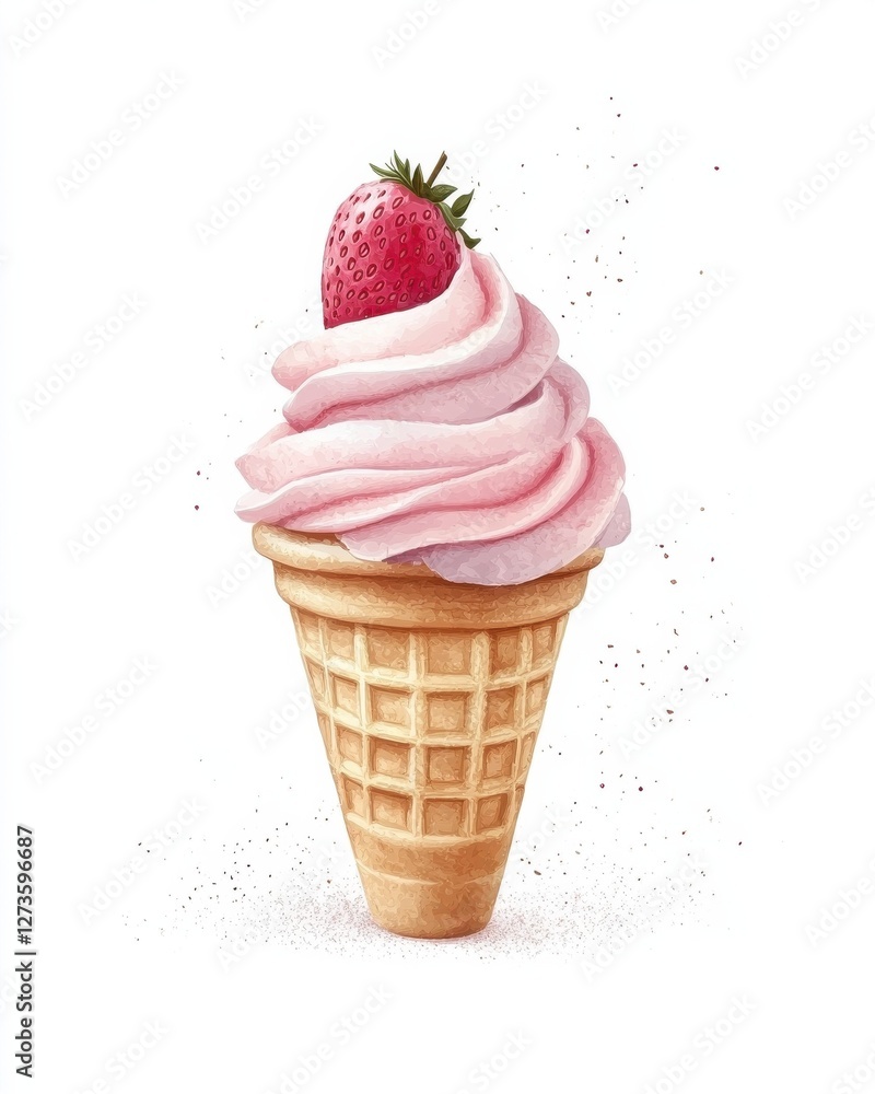 A delicious strawberry swirl ice cream cone topped with a vibrant strawberry, showcasing creamy pink swirls and a classic waffle cone. A delicious strawberry swirl ice cream cone topped with a vibrant strawberry, showcasing creamy pink swirls and a classic waffle cone.