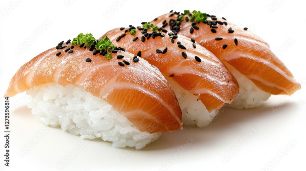 A delicious arrangement of sushi featuring slices of fresh salmon atop seasoned rice, garnished with black sesame seeds and green herbs. A delicious arrangement of sushi featuring slices of fresh salmon atop seasoned rice, garnished with black sesame seeds and green herbs.