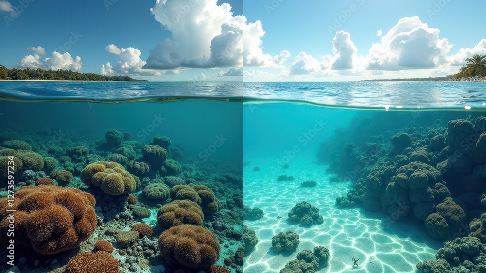 Split view of coral reef underwater and clear tropical ocean surface with blue sky Split view of coral reef underwater and clear tropical ocean surface with blue sky