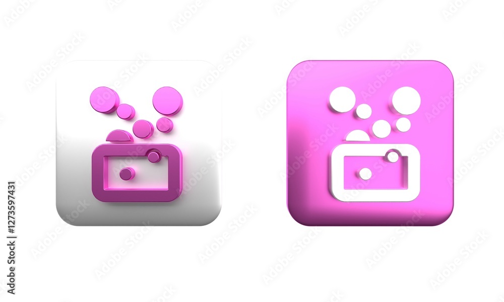 Fototapeta premium Colorful Bar of soap icon isolated on white background. Soap bar with bubbles. Square button. 3D render illustration