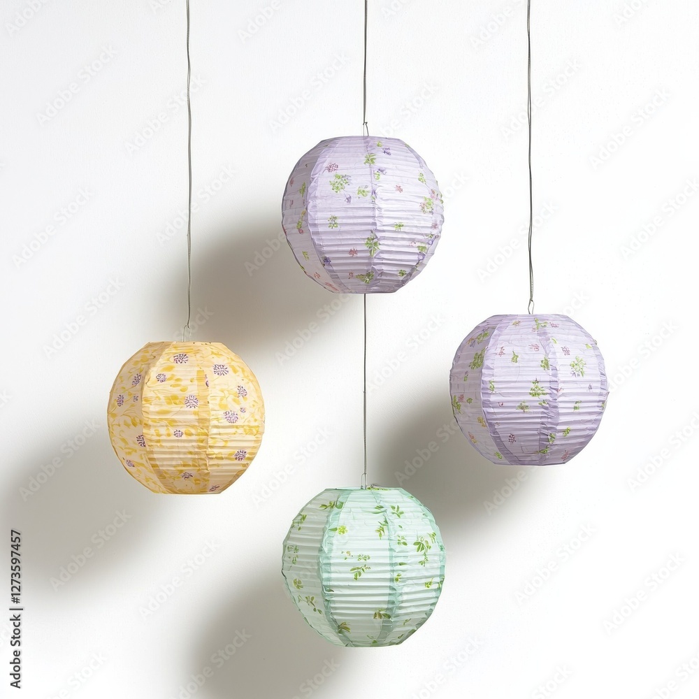 Fototapeta premium Colorful paper lanterns hang from strings, adding a whimsical touch to a simple wall backdrop, perfect for decoration and ambiance enhancement.