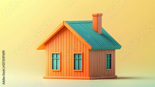 Wallpaper Mural A simple orange house with a teal roof and chimney is centrally displayed on a solid yellow background, ideal for property market campaigns. Torontodigital.ca