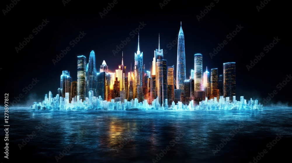 Fototapeta premium A grand ice sculpture of a futuristic city skyline, complete with skyscrapers and bridges, shining under white LED lights, highly detailed, 4K