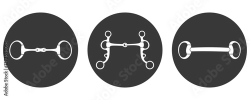Illustration of three different horse bits in a minimalistic black and white style, displayed in circular icons