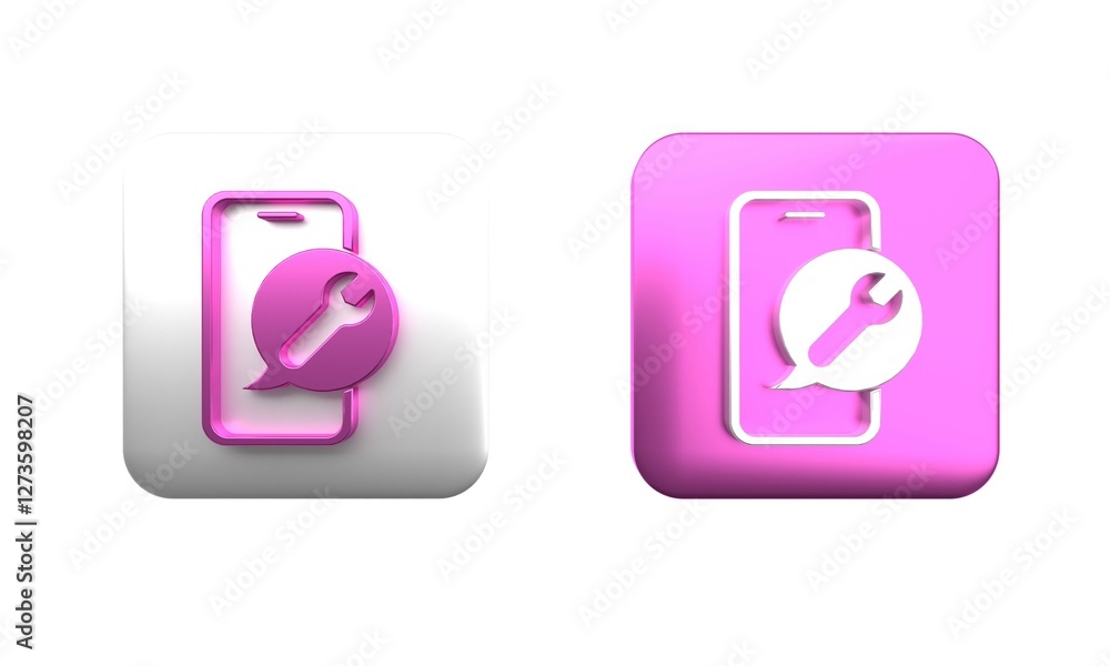 Colorful Mobile phone with wrench icon isolated on white background. Adjusting, service, setting, maintenance, repair. Square button. 3D render illustration Colorful Mobile phone with wrench icon isolated on white background. Adjusting, service, setting, maintenance, repair. Square button. 3D render illustration