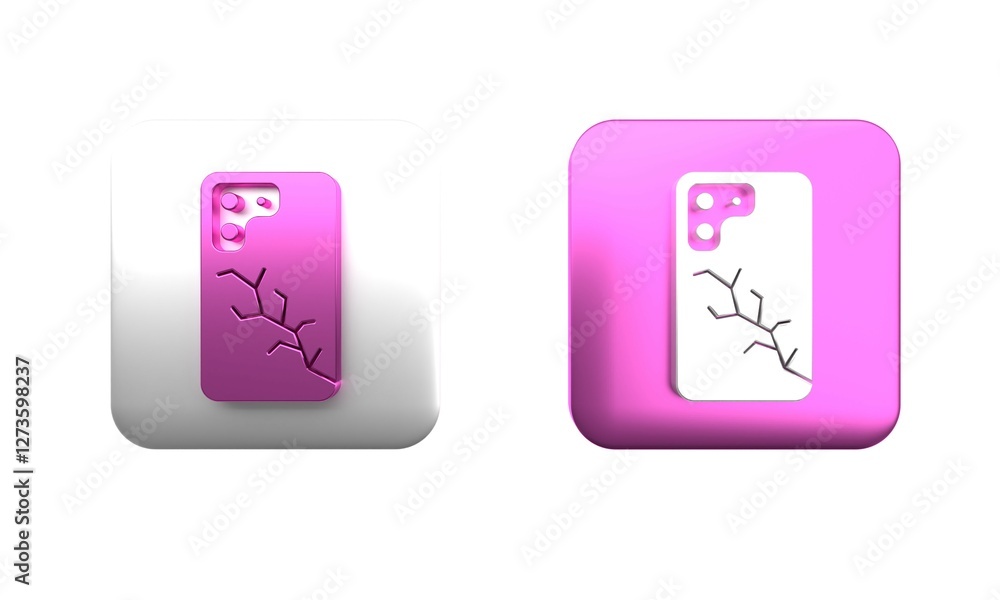 Colorful Smartphone with broken screen icon isolated on white background. Shattered phone screen icon. Square button. 3D render illustration Colorful Smartphone with broken screen icon isolated on white background. Shattered phone screen icon. Square button. 3D render illustration
