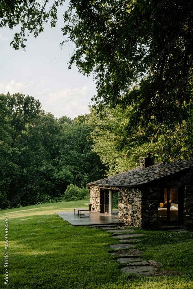 Stone House stands in the meadow between trees in nature environment, peaceful day Stone House stands in the meadow between trees in nature environment, peaceful day