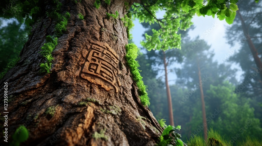 Fototapeta premium A majestic oak tree with intricate carvings of ancient runes and mythical creatures on its bark, surrounded by a misty forest at dawn, realistic photo, ultra-detailed