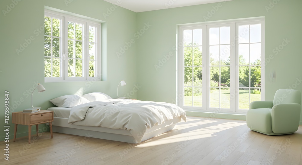 Fototapeta premium Serene Bedroom with Green Walls and Garden View