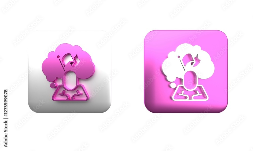 Colorful Man holding flag icon isolated on white background. Victory, winning and conquer adversity concept. Square button. 3D render illustration Colorful Man holding flag icon isolated on white background. Victory, winning and conquer adversity concept. Square button. 3D render illustration