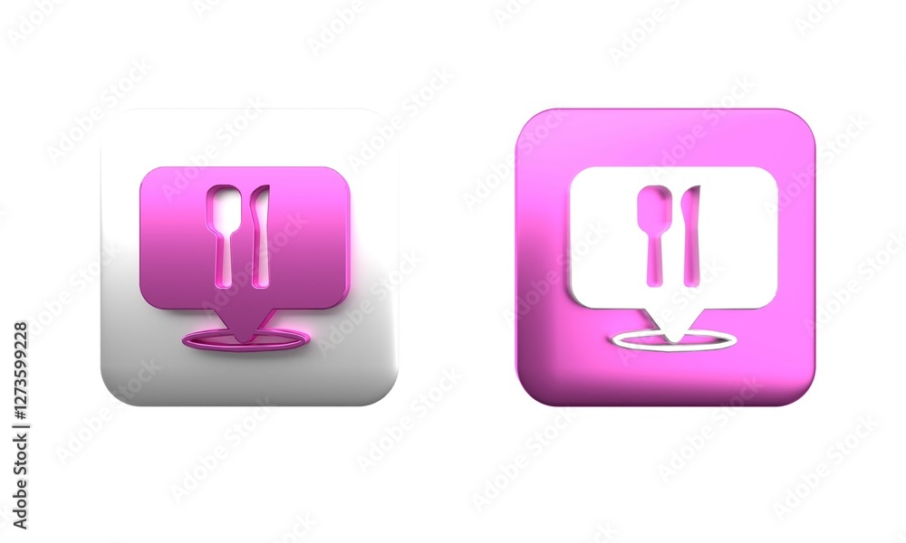 Colorful Cafe and restaurant location icon isolated on white background. Fork and spoon eatery sign inside pinpoint. Square button. 3D render illustration. Colorful Cafe and restaurant location icon isolated on white background. Fork and spoon eatery sign inside pinpoint. Square button. 3D render illustration.