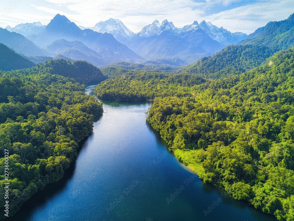Fototapeta premium Serene river flows through lush green forest with mountains backdrop for travel, nature or environment