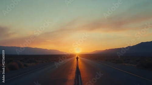 Solitary figure walking towards sunset on a long road.
