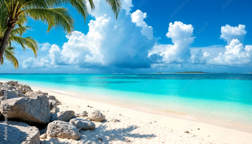 Naklejka premium Tropical Beach with Palm Tree and Rocks on Sandy Shore.