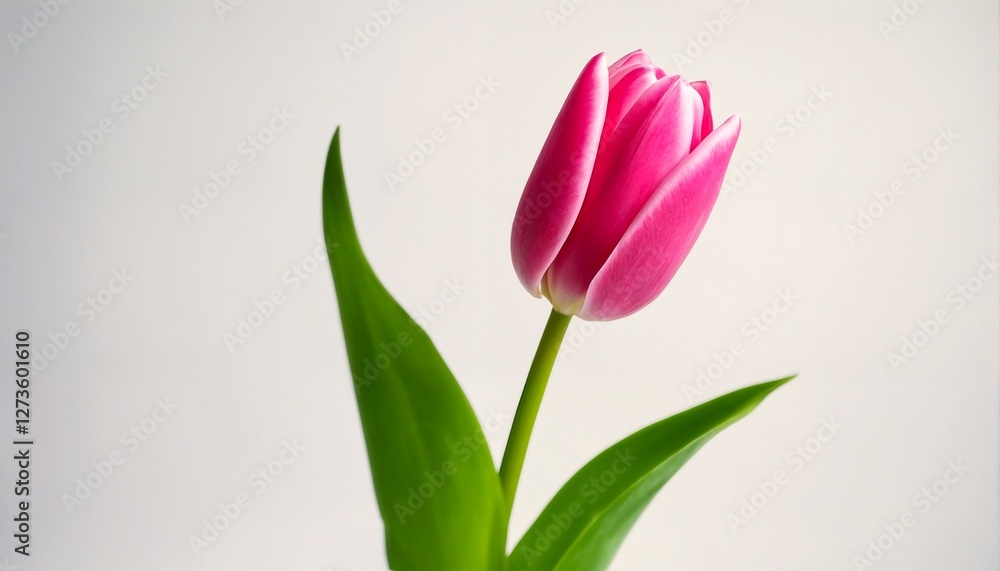Naklejka premium Pink tulip flowers and green leaves.