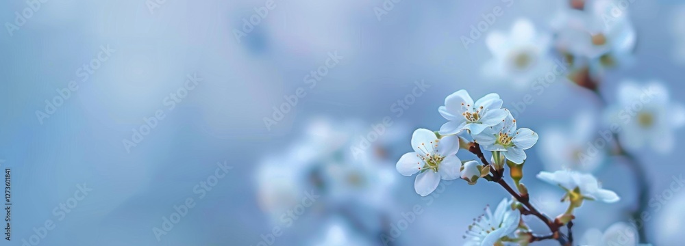 Fototapeta premium Beautiful white cherry flowers on light blue blurred backgrond. Amazing close-up of spring blossom. Cool clear pure scene displaying beauty of elegance. Business advertisement materials. Copy space