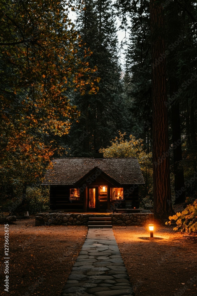 Cozy cabin glows in woodland autumn scene. Path leads to cabin, possible rental Cozy cabin glows in woodland autumn scene. Path leads to cabin, possible rental