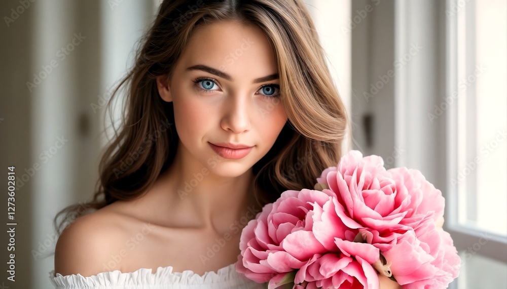 Portrait of a young woman with long brown hair and blue eyes holding pink flowers. Portrait of a young woman with long brown hair and blue eyes holding pink flowers.