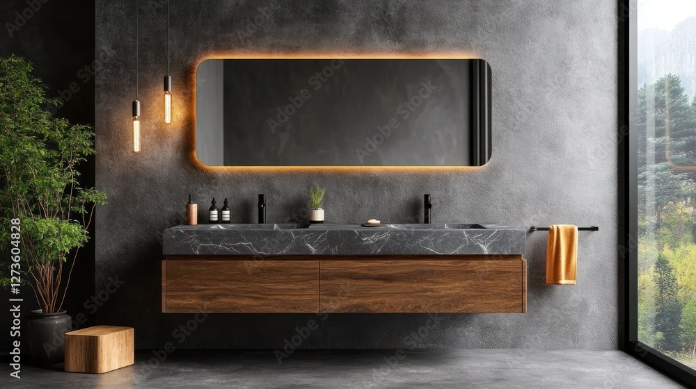 Contemporary bathroom with gray textured walls, a floating vanity with a marble top, black fixtures, and modern lighting on a transparent background, 4K ultra-realistic photo Contemporary bathroom with gray textured walls, a floating vanity with a marble top, black fixtures, and modern lighting on a transparent background, 4K ultra-realistic photo