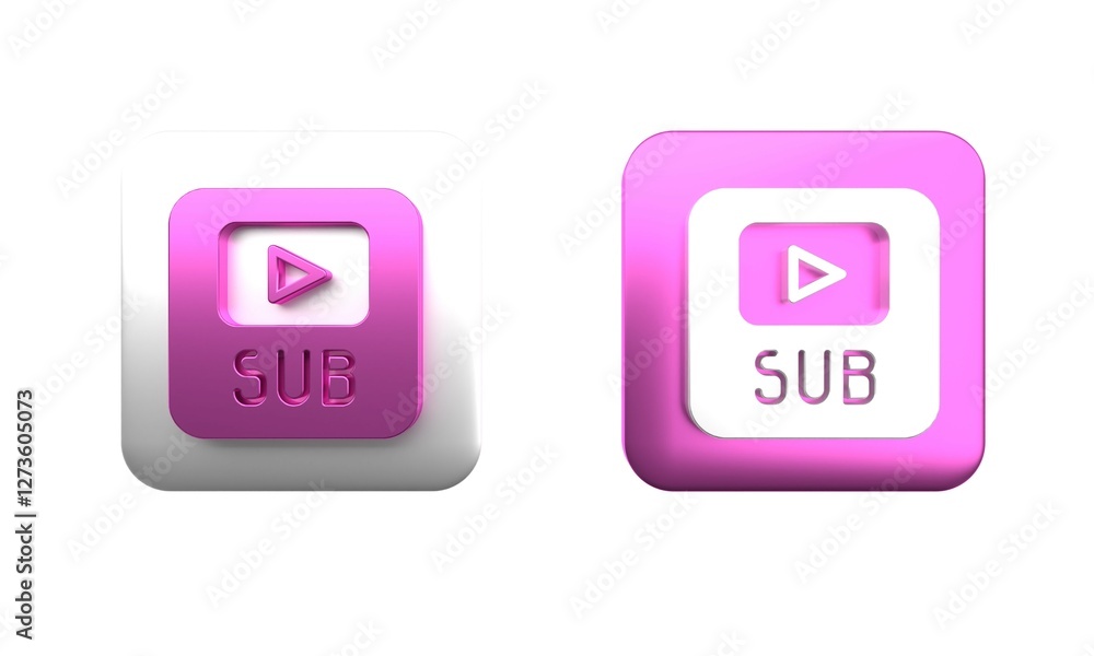 Colorful Video with subtitles icon isolated on white background. Square button. 3D render illustration