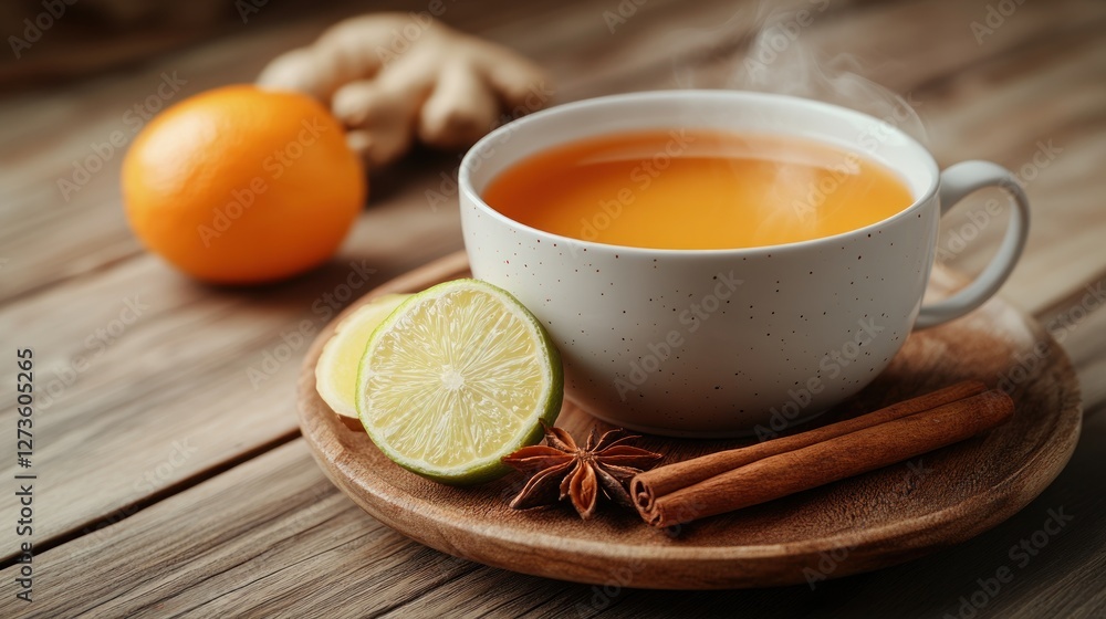 Warm Ginger Tea with Citrus & Spices on Wooden Table Warm Ginger Tea with Citrus & Spices on Wooden Table
