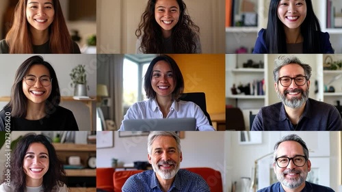 Diverse Team Virtual Meeting: A vibrant mosaic of diverse individuals engaged in a virtual meeting, each radiating positivity and connection through their smiling faces.