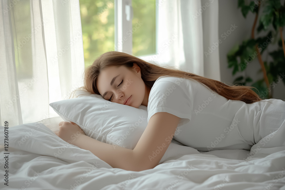 Peaceful woman curled up with a pillow on a bed covered in white and beige tones, sunlight streaming through the window in a bright boho-style bedroom Peaceful woman curled up with a pillow on a bed covered in white and beige tones, sunlight streaming through the window in a bright boho-style bedroom