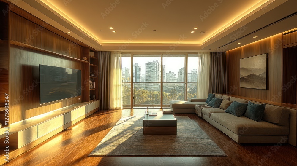 Fototapeta premium Modern living room with a large window, showcasing a sophisticated and warm interior design.