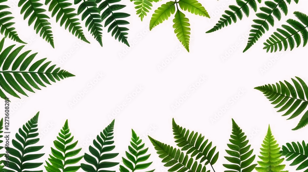 Arrangement of Ferns on White Background, Green Leaves Pattern, Botanical Nature Banner Arrangement of Ferns on White Background, Green Leaves Pattern, Botanical Nature Banner