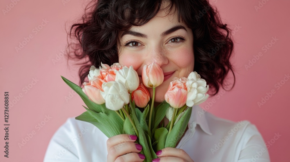 Woman With Tulips Smiling On Pink Background Woman With Tulips Smiling On Pink Background